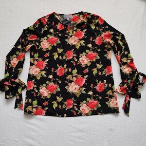 Guillaume Floral Print Blouse - Long Sleeve with Tie Cuffs - Large - Made in USA